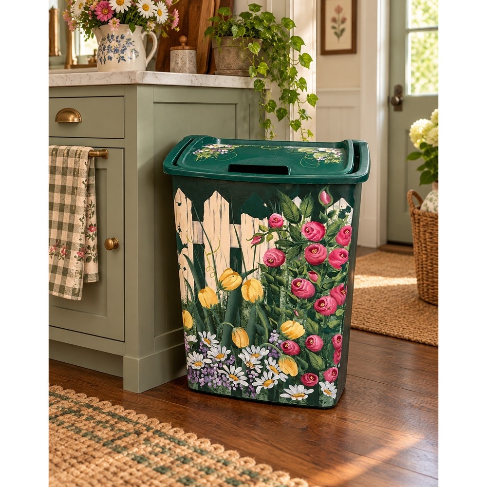 Vtg Rubbermaid Hand Painted Floral Laundry Hamper Green Picket Fence Garden Bin